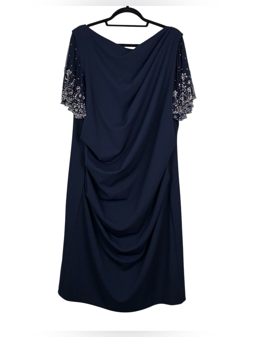 Betsy & Adam Navy Ruched Crepe Beaded Sleeve Dress Size 22W